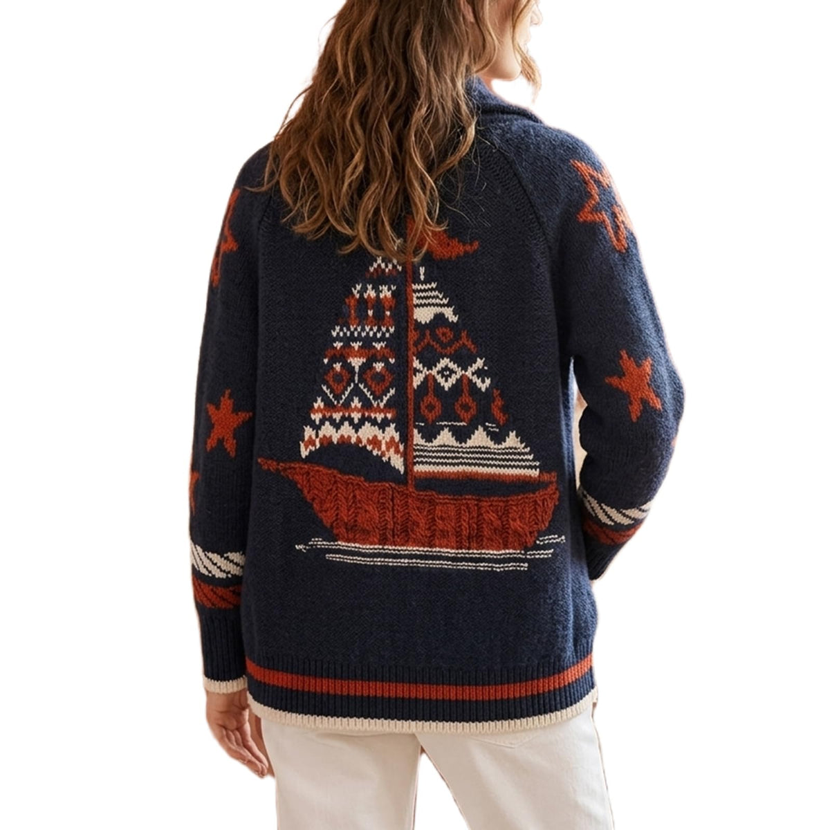 Women Graphic Knit Sweater Cardigan Long Sleeve Button Down Chunky Knitwear