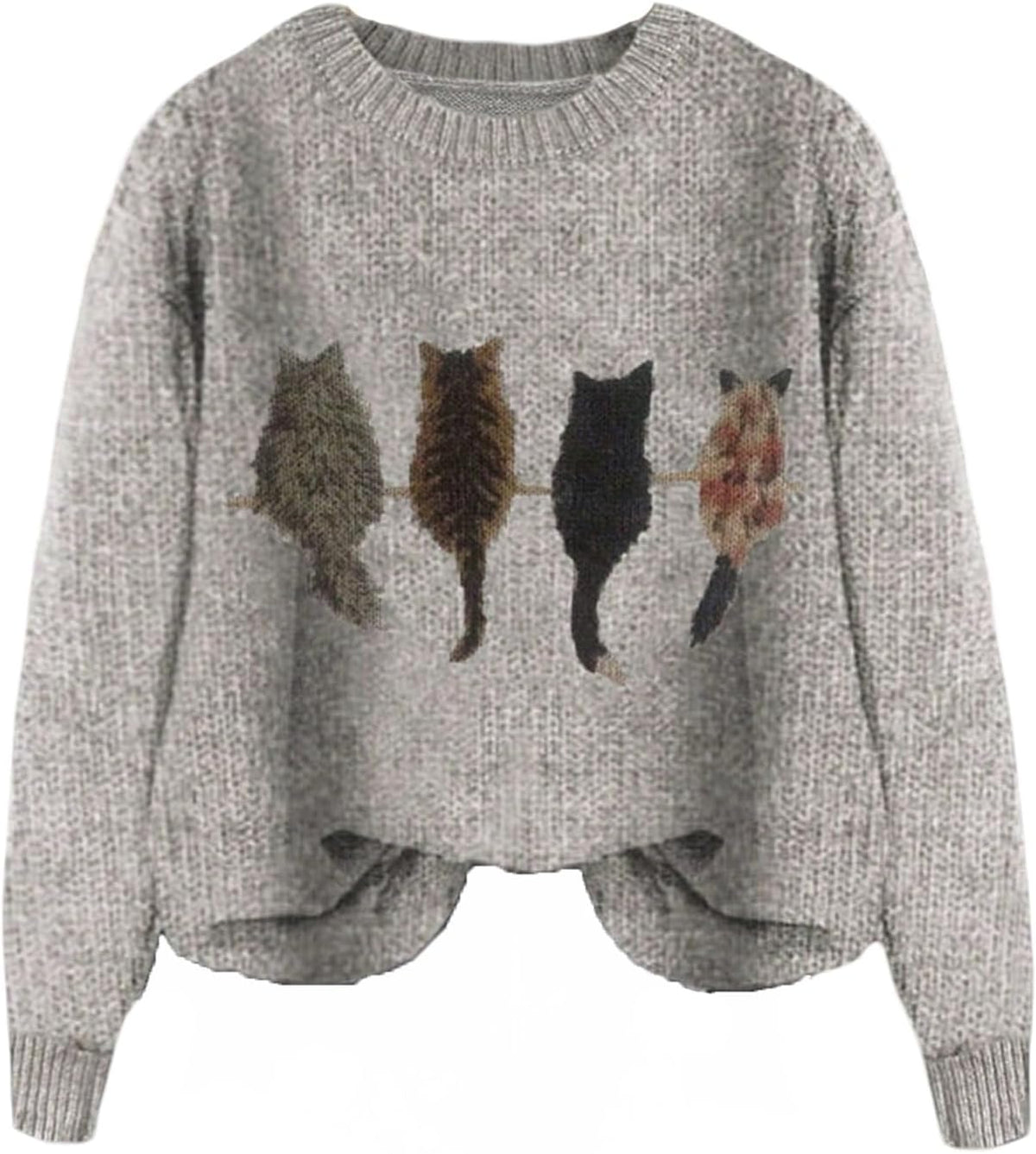 WDIRARA Women's Cat Graphic Sweater Long Sleeve Crew Neck Knit Tops