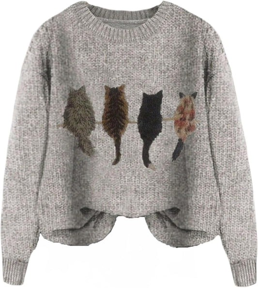 WDIRARA Women's Cat Graphic Sweater Long Sleeve Crew Neck Knit Tops
