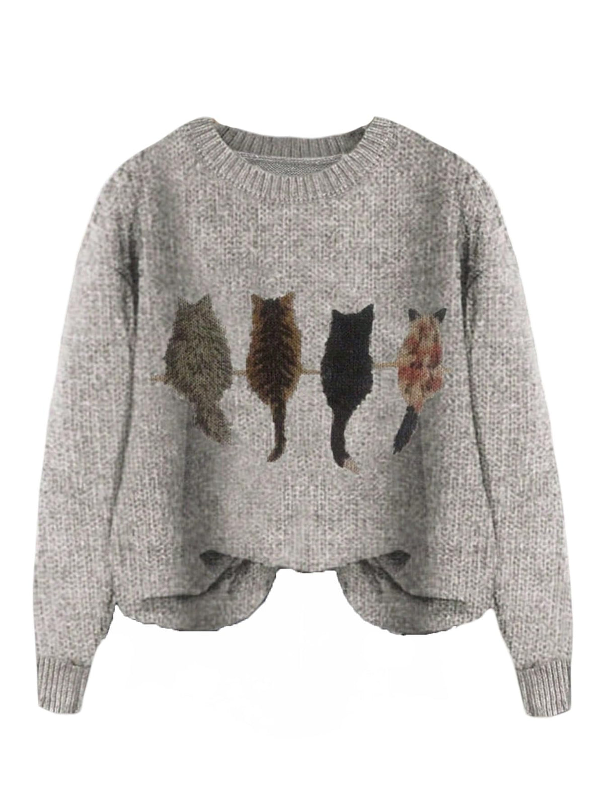 WDIRARA Women's Cat Graphic Sweater Long Sleeve Crew Neck Knit Tops