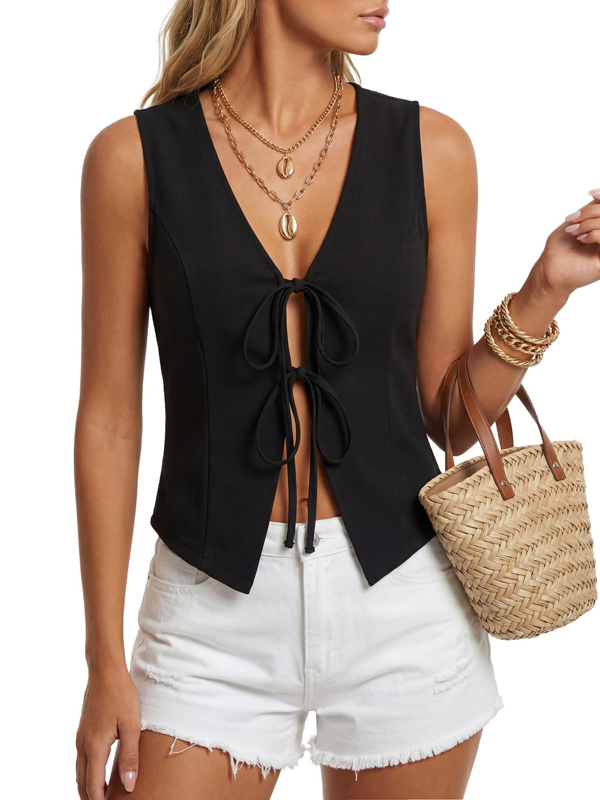 Vrtige Women's Y2k V Neck Tie Front Tank Tops