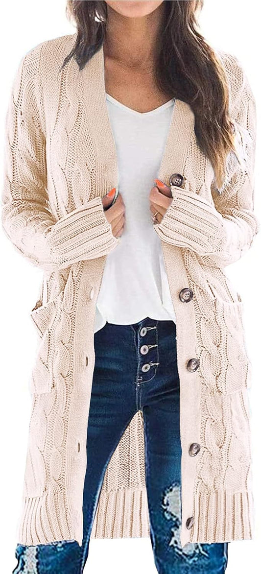 PRETTYGARDEN Womens Cable Knit Button Long Cardigan Sweaters