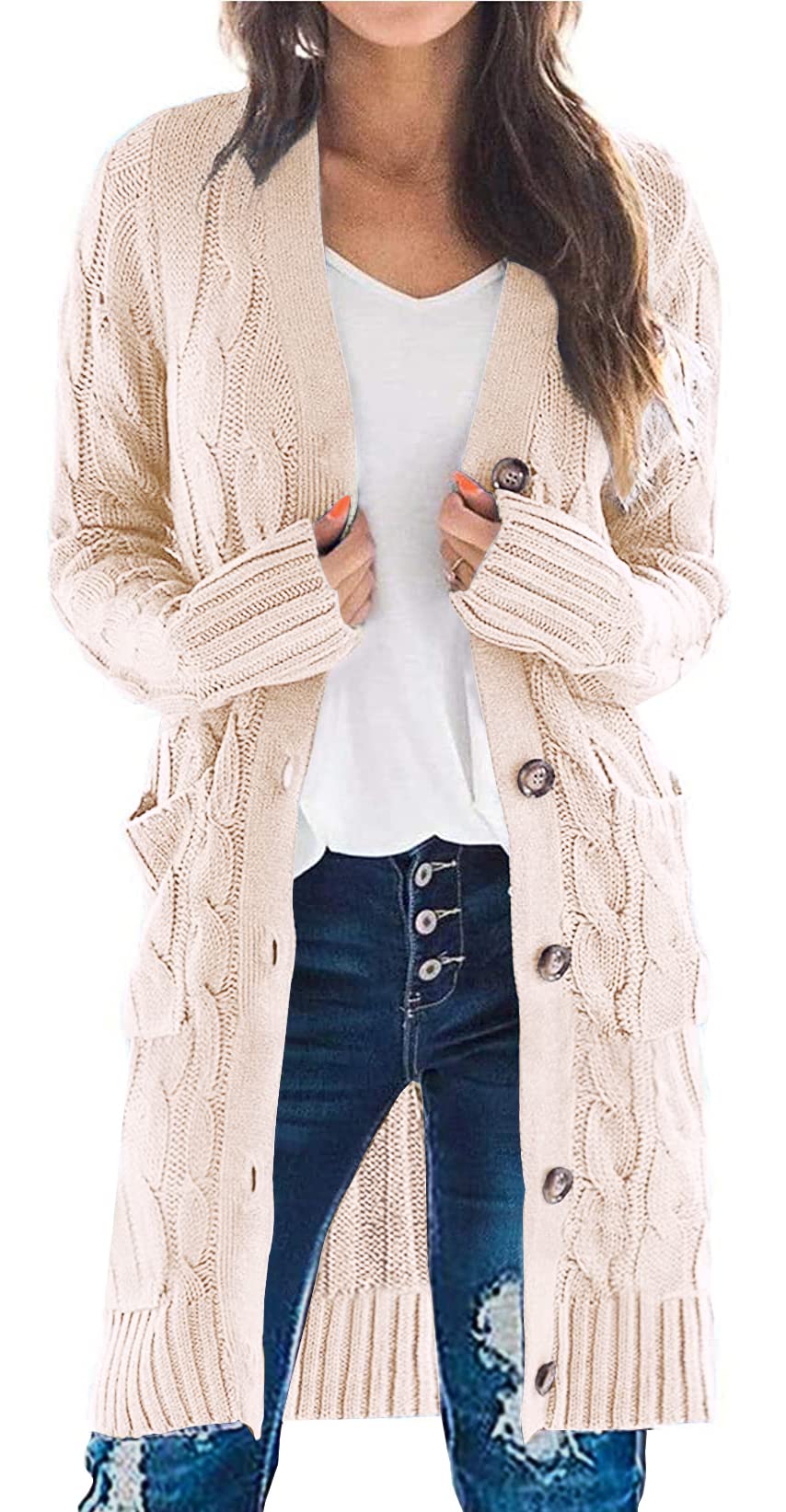 PRETTYGARDEN Womens Cable Knit Button Long Cardigan Sweaters