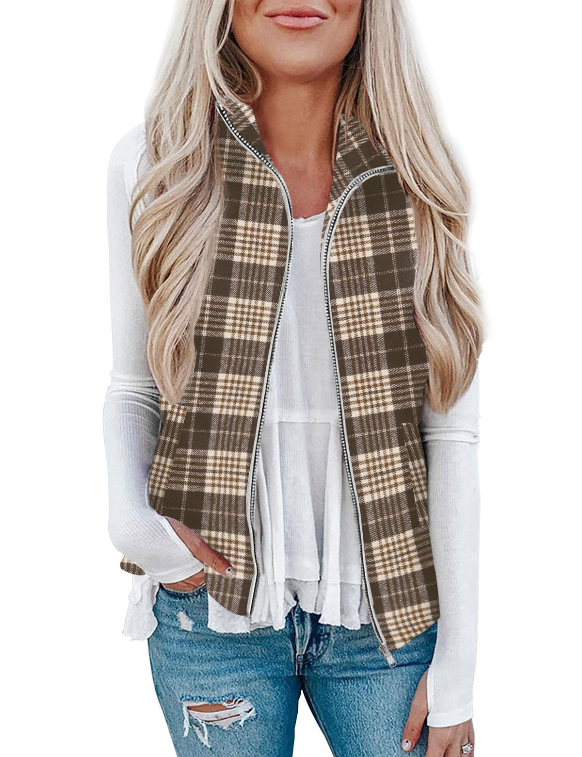 Rapbin Women's Plaid Outerwear Vests Tops Zip Up Collared Sleeveless Jacket with Pockects