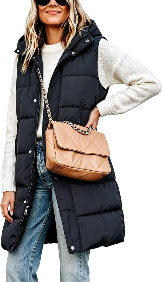 Tanming Women's Long Puffer Vest with Removable Hood
