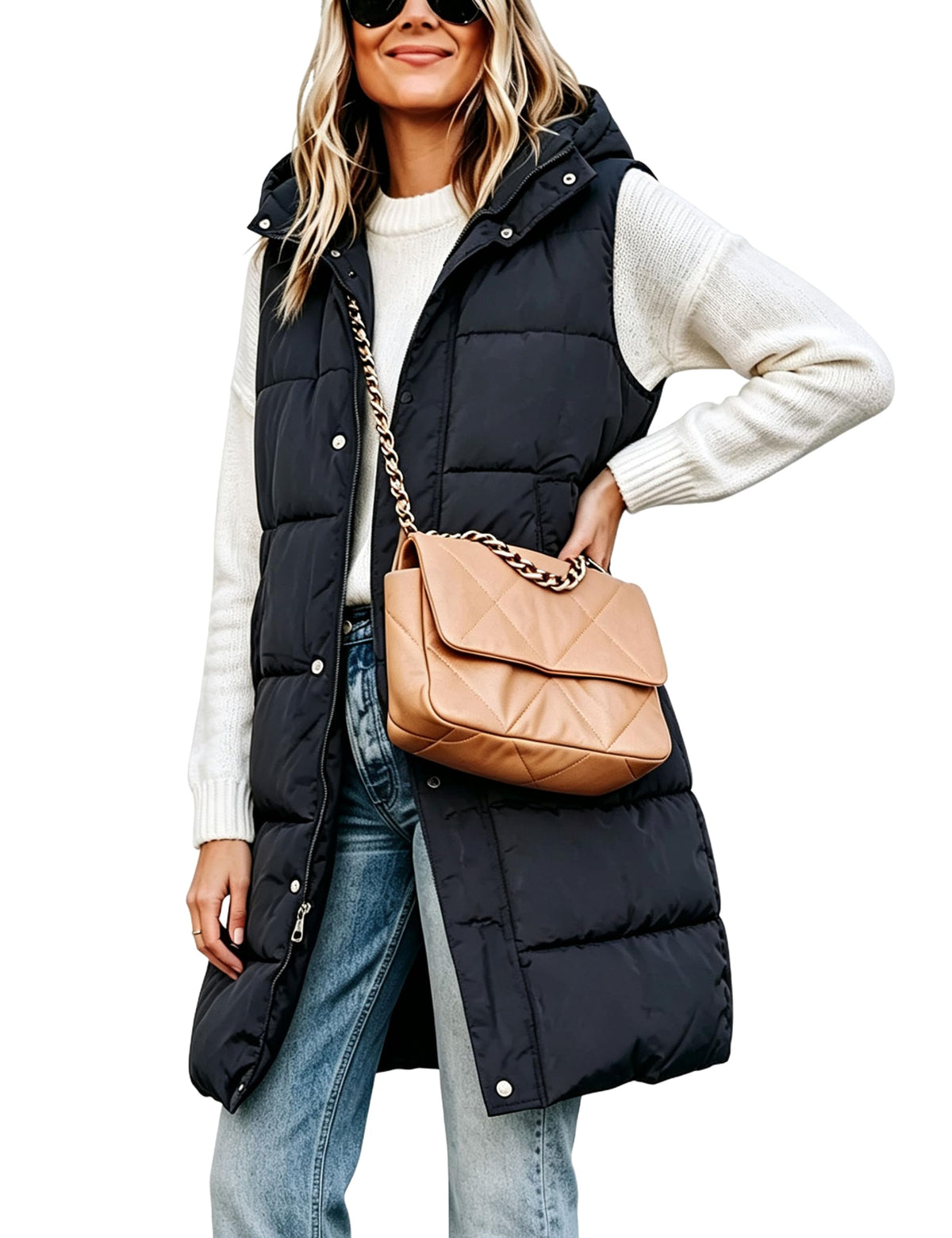 Tanming Women's Long Puffer Vest with Removable Hood