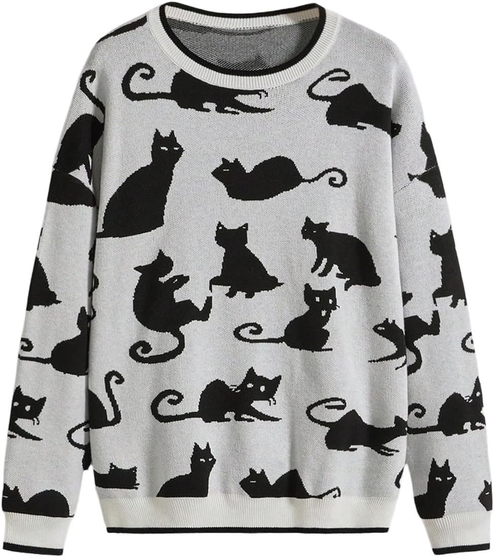 WDIRARA Women's Goth Cartoon Pattern Sweater Knit Pullover Top