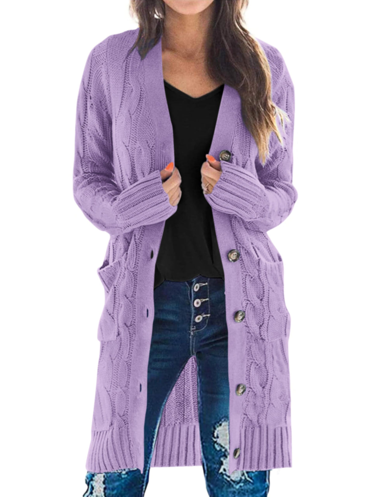 PRETTYGARDEN Womens Cable Knit Button Long Cardigan Sweaters