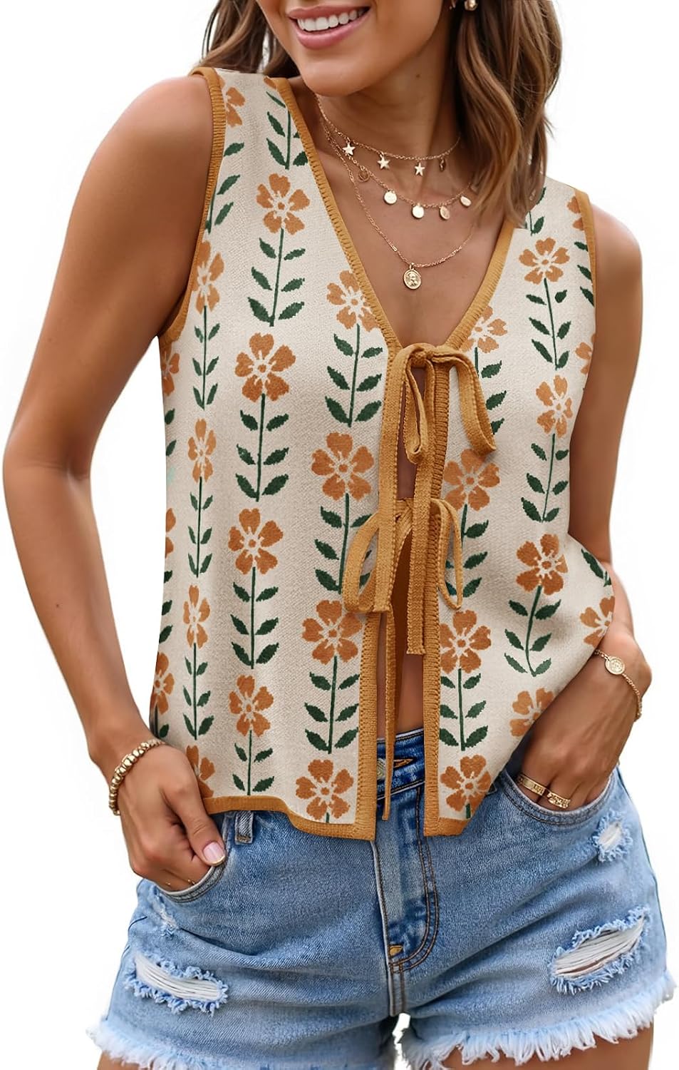 ZESICA Women's 2026 Summer Tie Front Sweater Vest Top