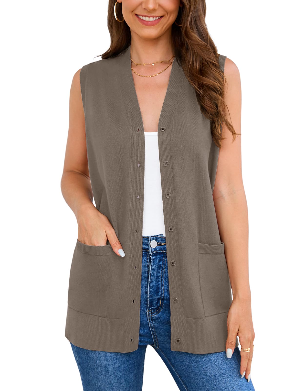 Veryoung Women's 2026 Sleeveless Button Down Cardigan Sweaters Fashion Casual Soft Knit Office Duster Vests with Cozy Pockets