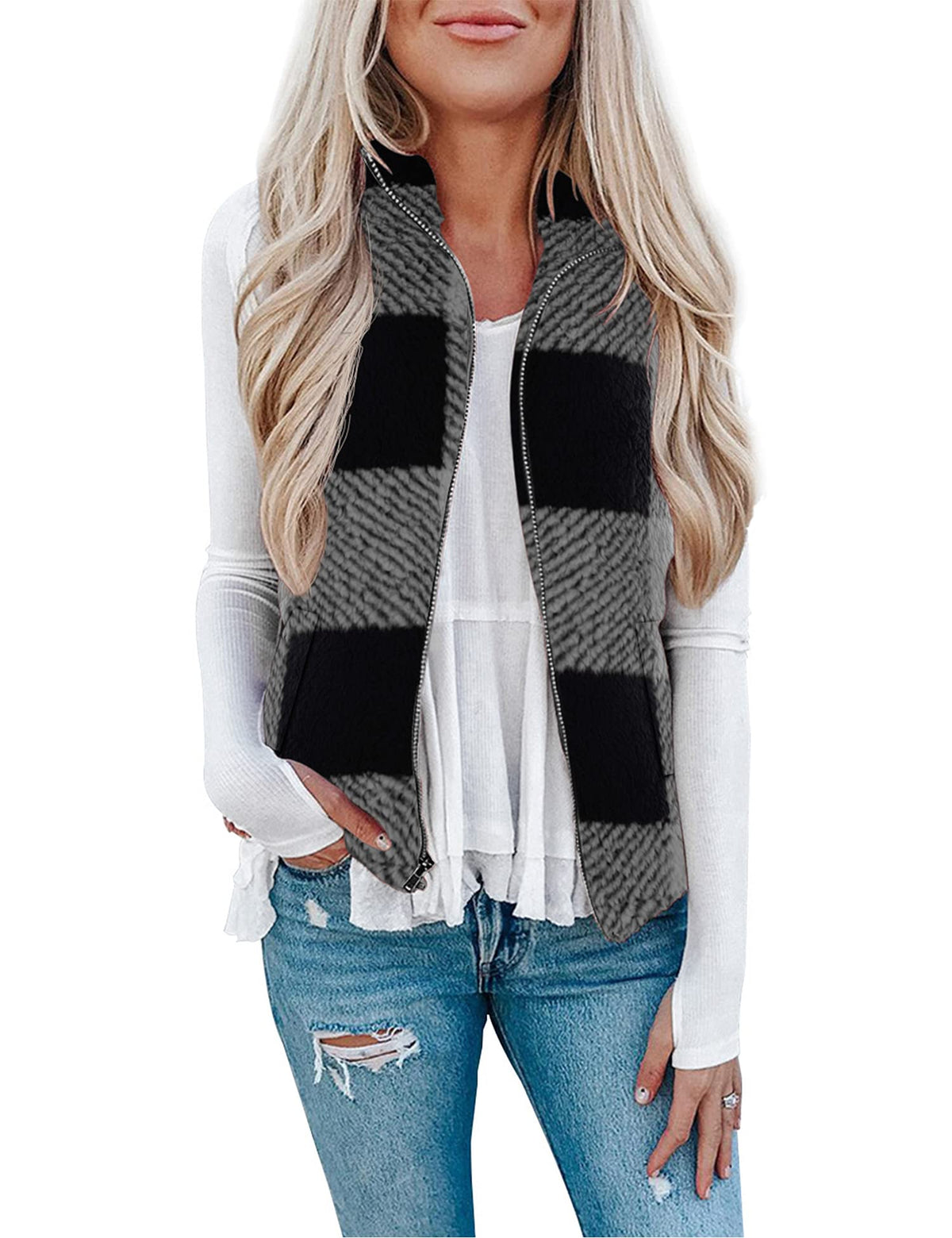 LOMON Womens Fuzzy Sherpa Fleece Jacket Lightweight Vest Cozy Sleeveless Cardigan Zipper Waistcoat Outerwear with Pocket