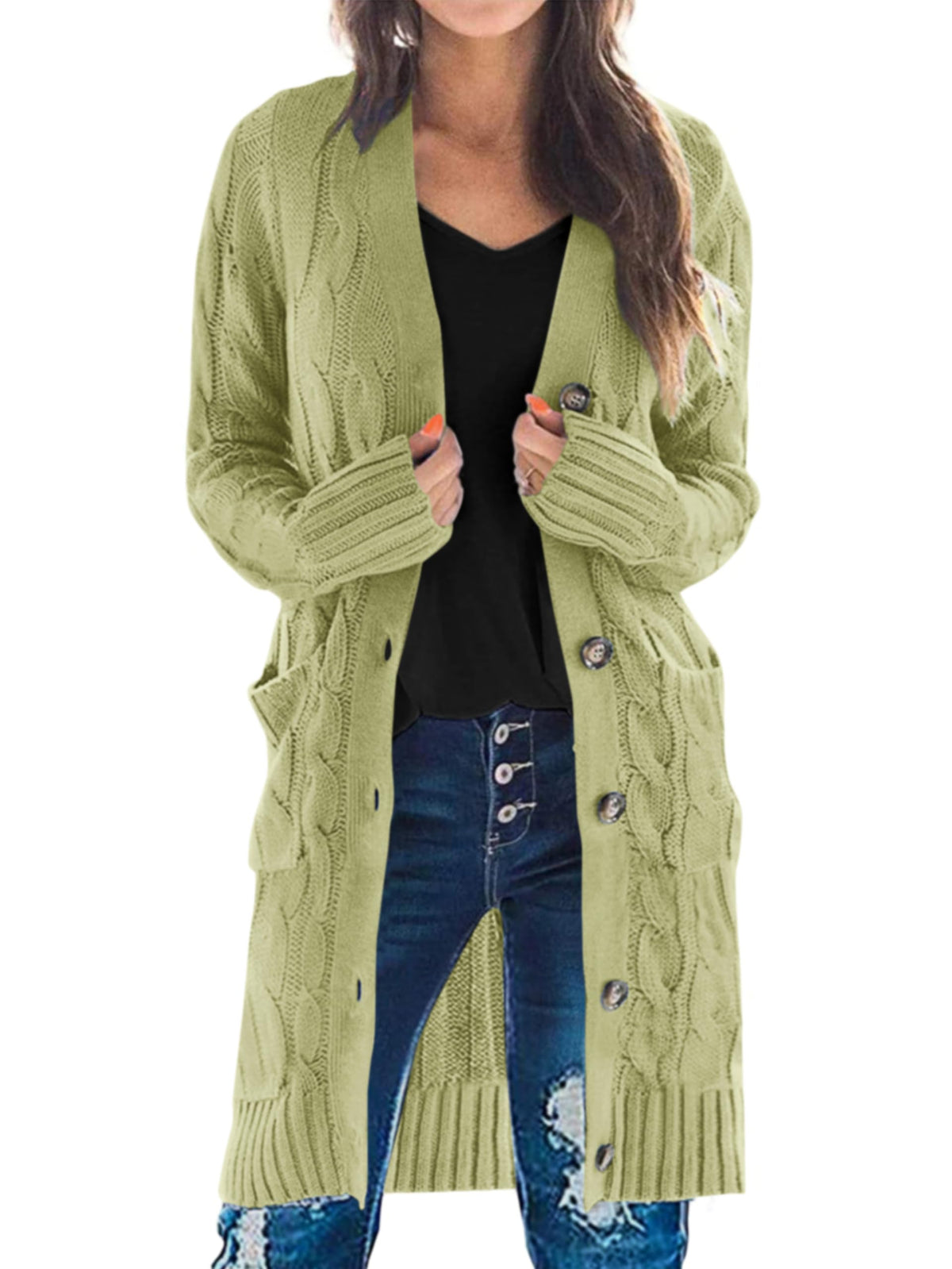 PRETTYGARDEN Womens Cable Knit Button Long Cardigan Sweaters