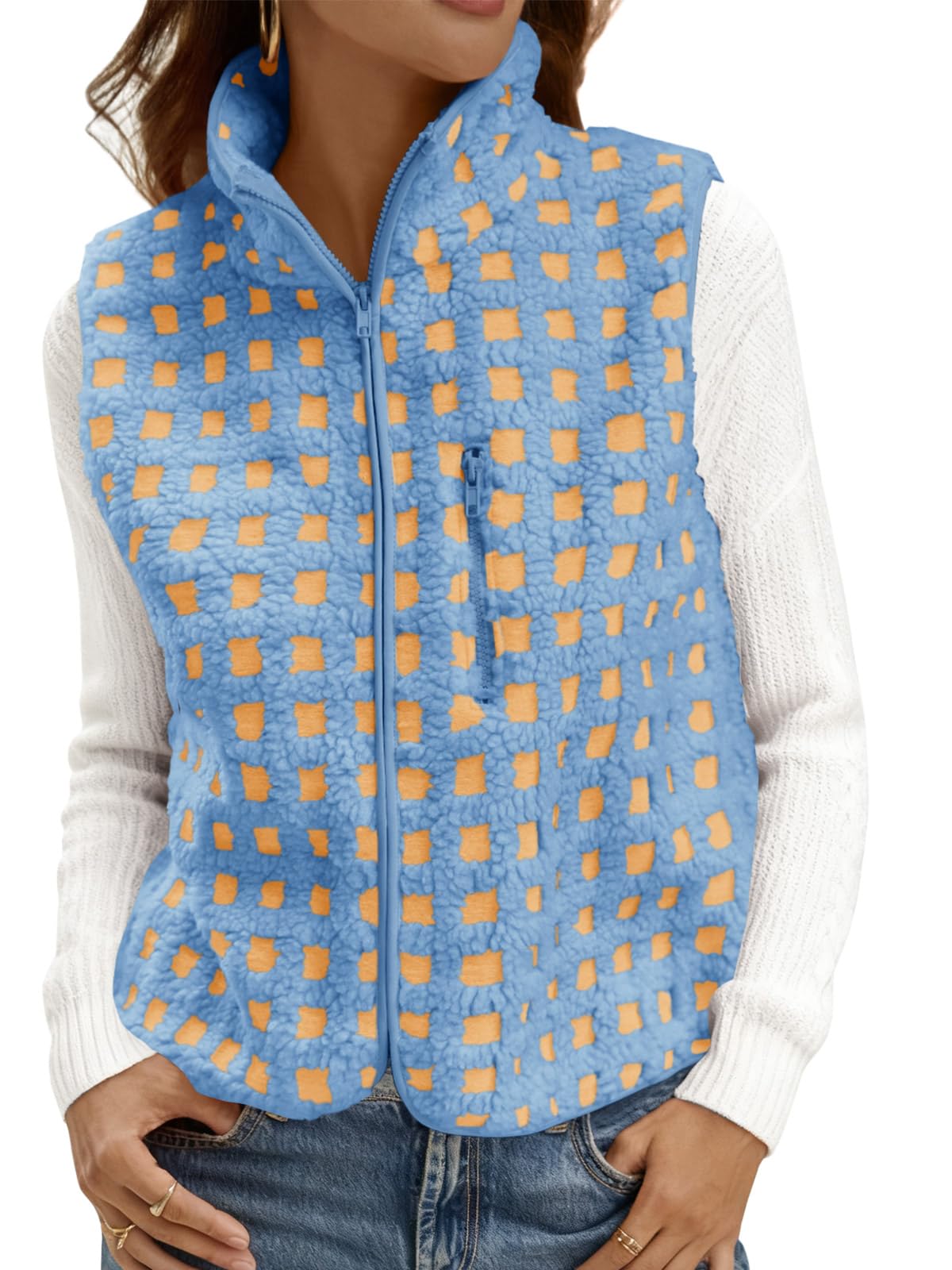 Tankaneo Womens Checkered Sherpa Vest Fleece Fuzzy Zip Up Sleeveless Jacket