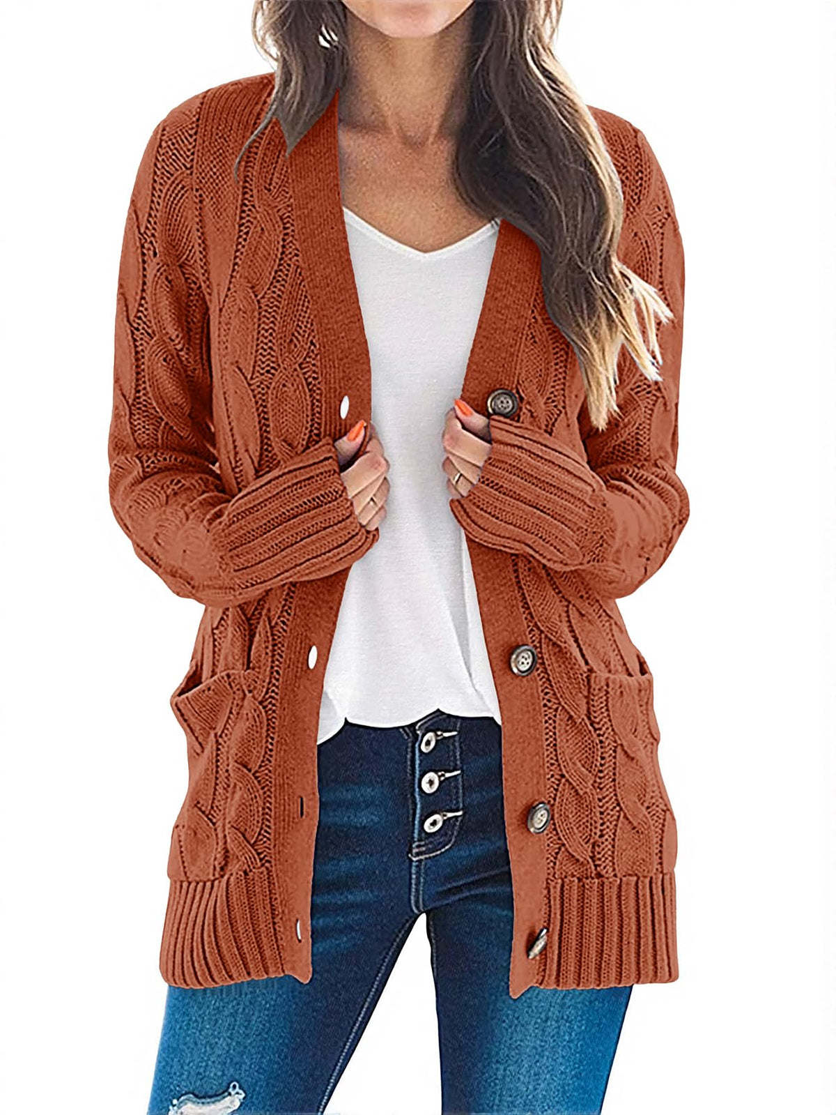 MEROKEETY Womens Fall 2026 Long Sleeve Cable Knit Cardigan Sweaters