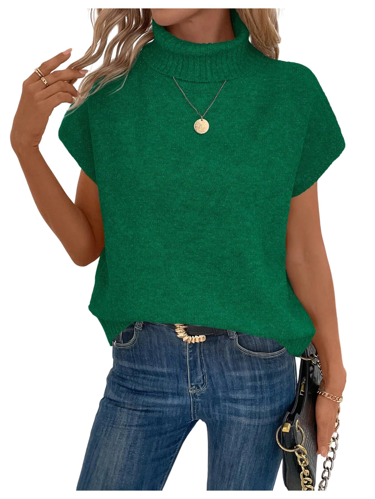 WDIRARA Women's Turtleneck Cap Sleeve Sweater Vest Pullover Knitted Top Loose Oversized Knitwear