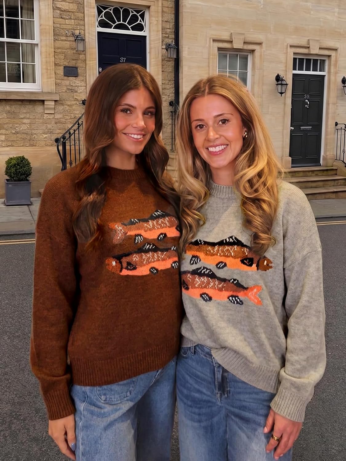 Flowyair Womens Fish Graphic Sweater Long Sleeve Knit Crew Neck Pullover