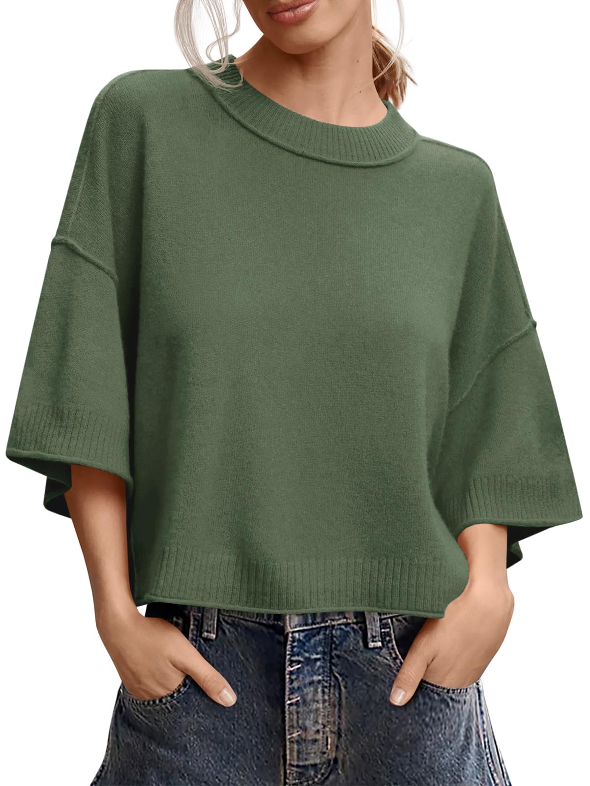 Saodimallsu Womens Short Sleeve Sweater Oversized Cropped Sweaters Knit Top