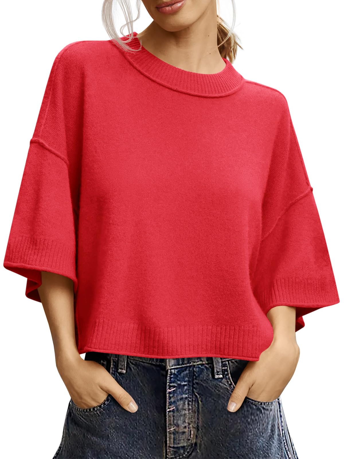 Saodimallsu Womens Short Sleeve Sweater Oversized Cropped Sweaters Knit Top