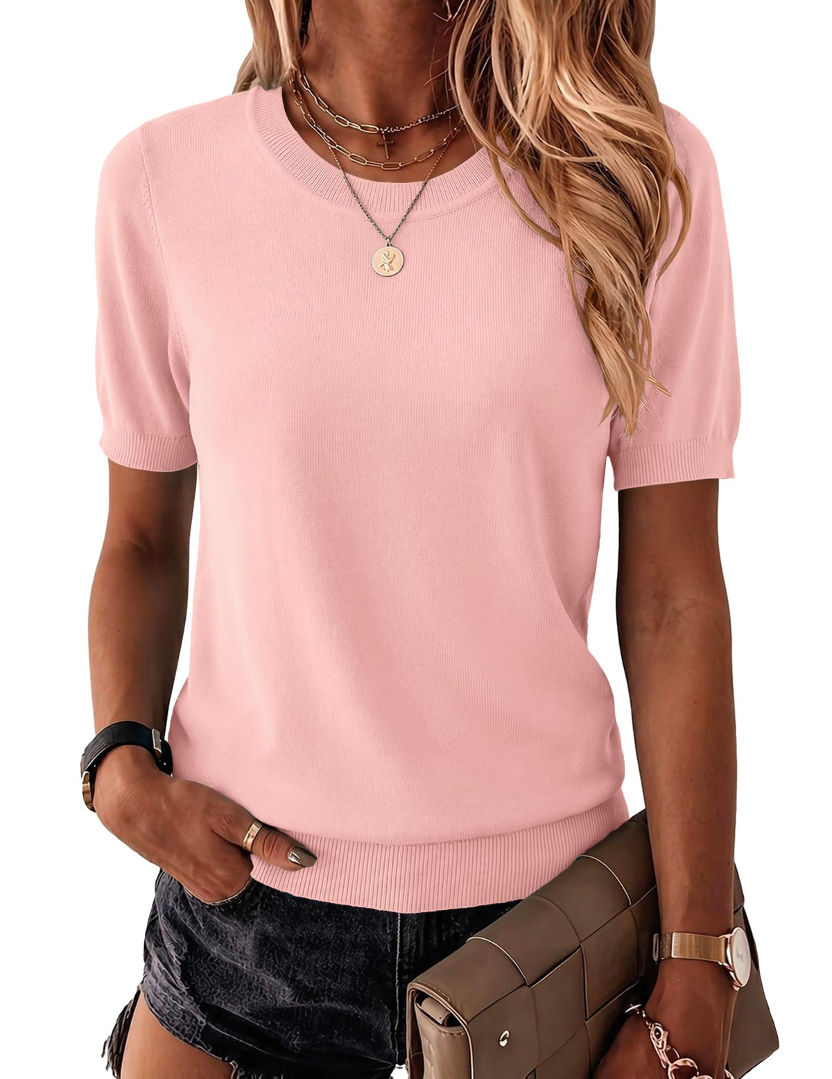 Zeagoo Womens Tops Short Sleeve Sweater Crewneck Basic Fashion Clothing