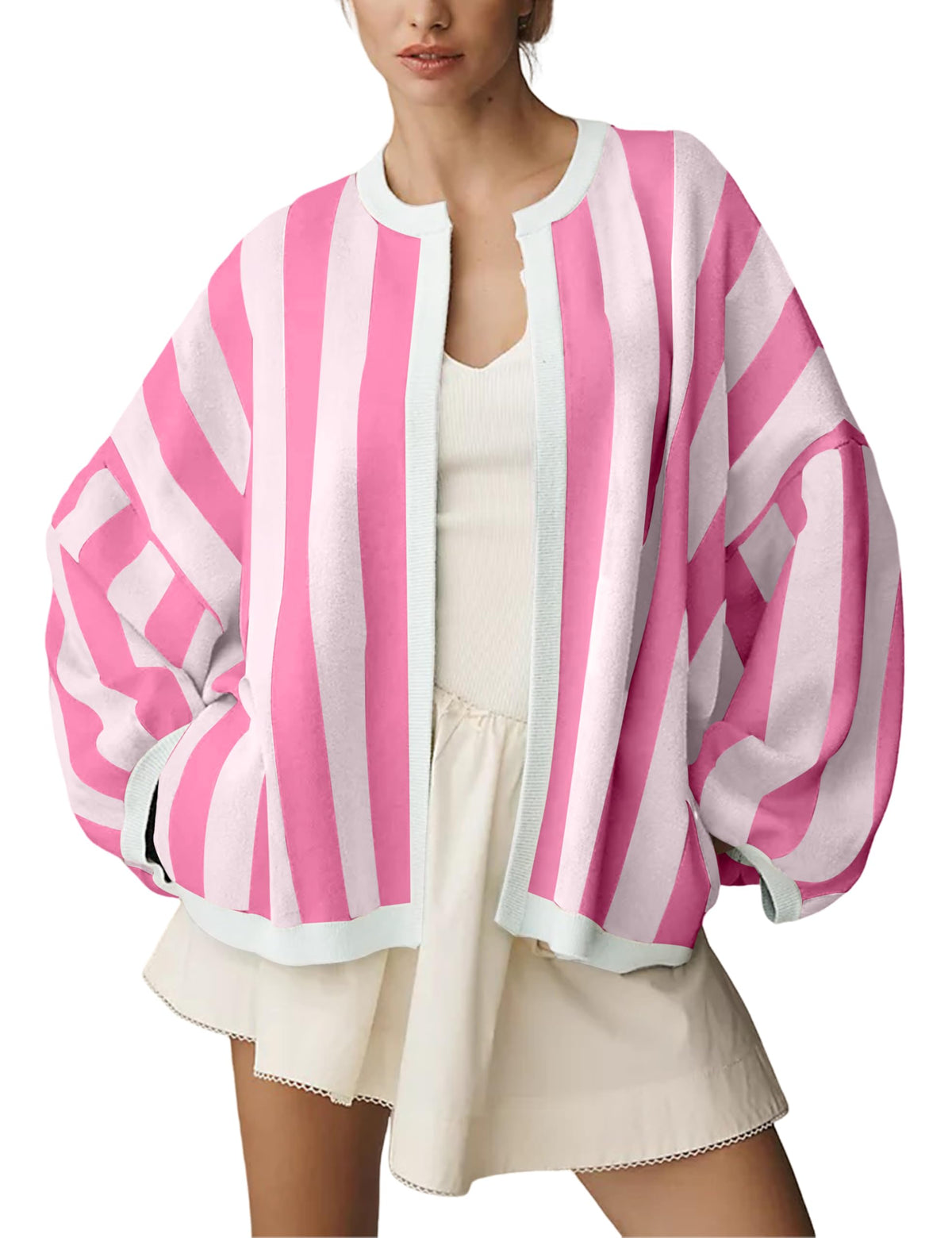 Women's Casual Loose Fit Striped Cardigan Long Balloon Sleeves Open Front Knit Sweater