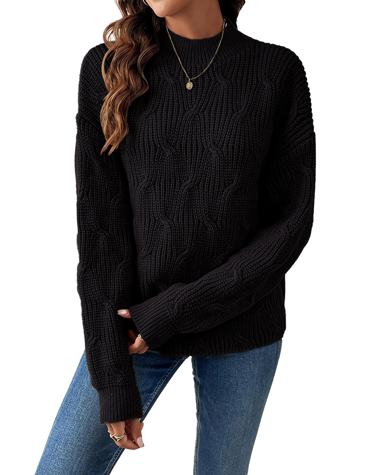 Womens Dressy Mockneck Cable Knit Long Sleeve Sweater Fall 2026 Oversized Chunky Ribbed Cuffs Knit Pullover