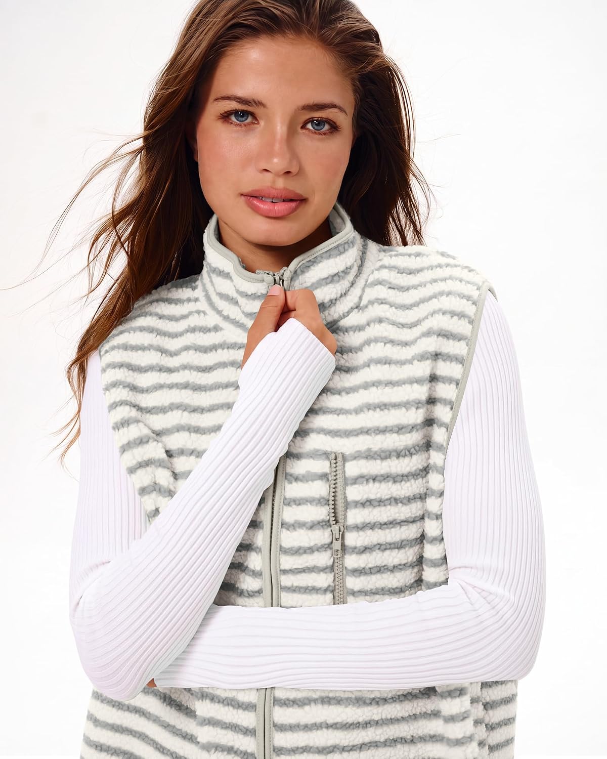 Gacaky Women's Sherpa Fleece Striped Vest Stand Collar Sleeveless Jacket