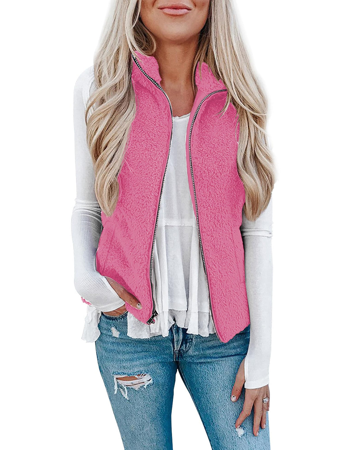 LOMON Womens Fuzzy Sherpa Fleece Jacket Lightweight Vest Cozy Sleeveless Cardigan Zipper Waistcoat Outerwear with Pocket