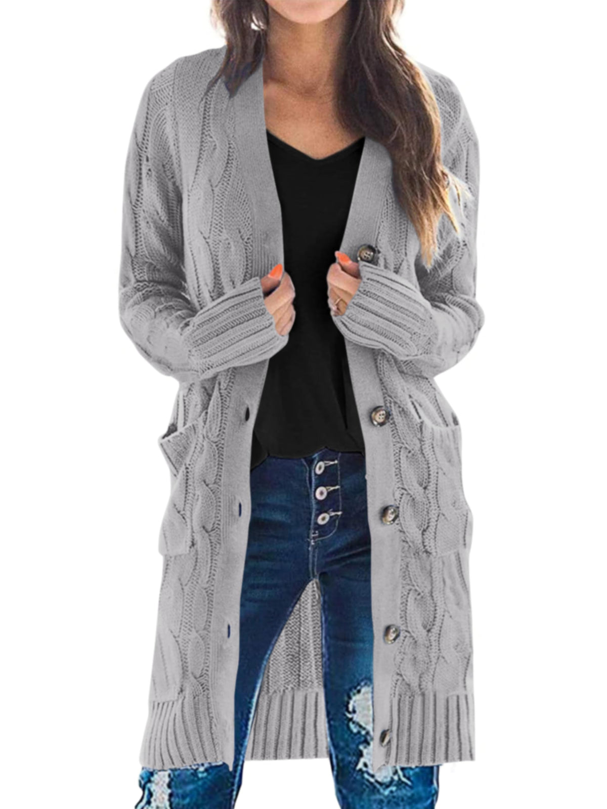 PRETTYGARDEN Womens Cable Knit Button Long Cardigan Sweaters