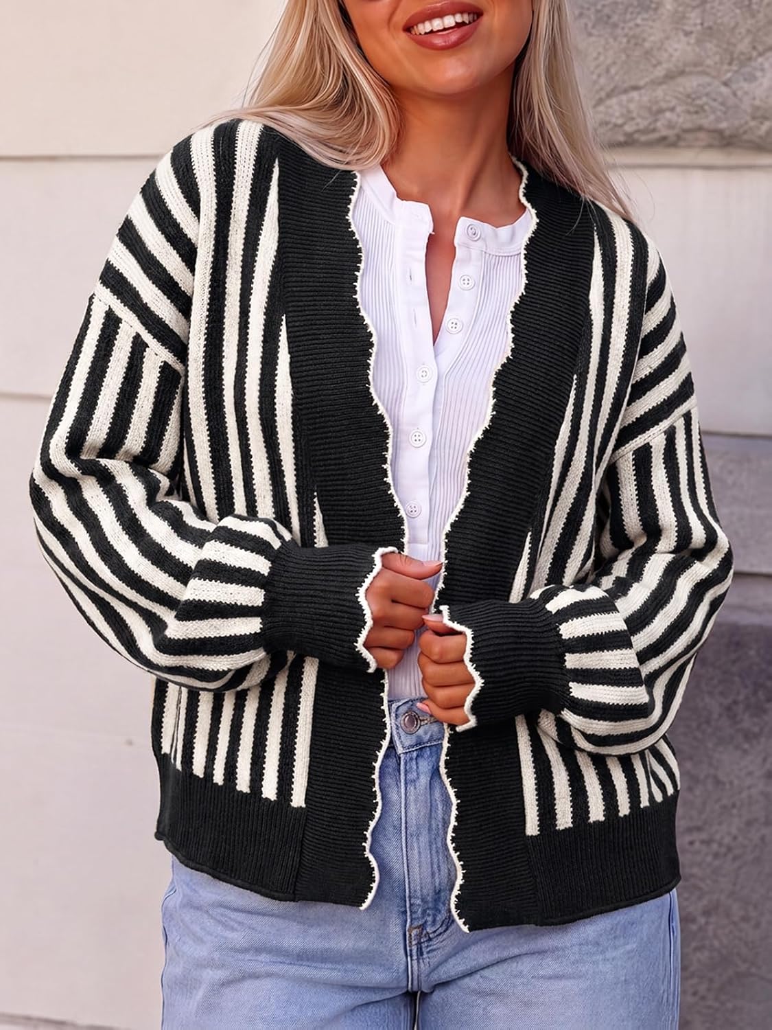 Flowyair Women's Striped Cardigan Sweater Open Front Ruffle Long Sleeve