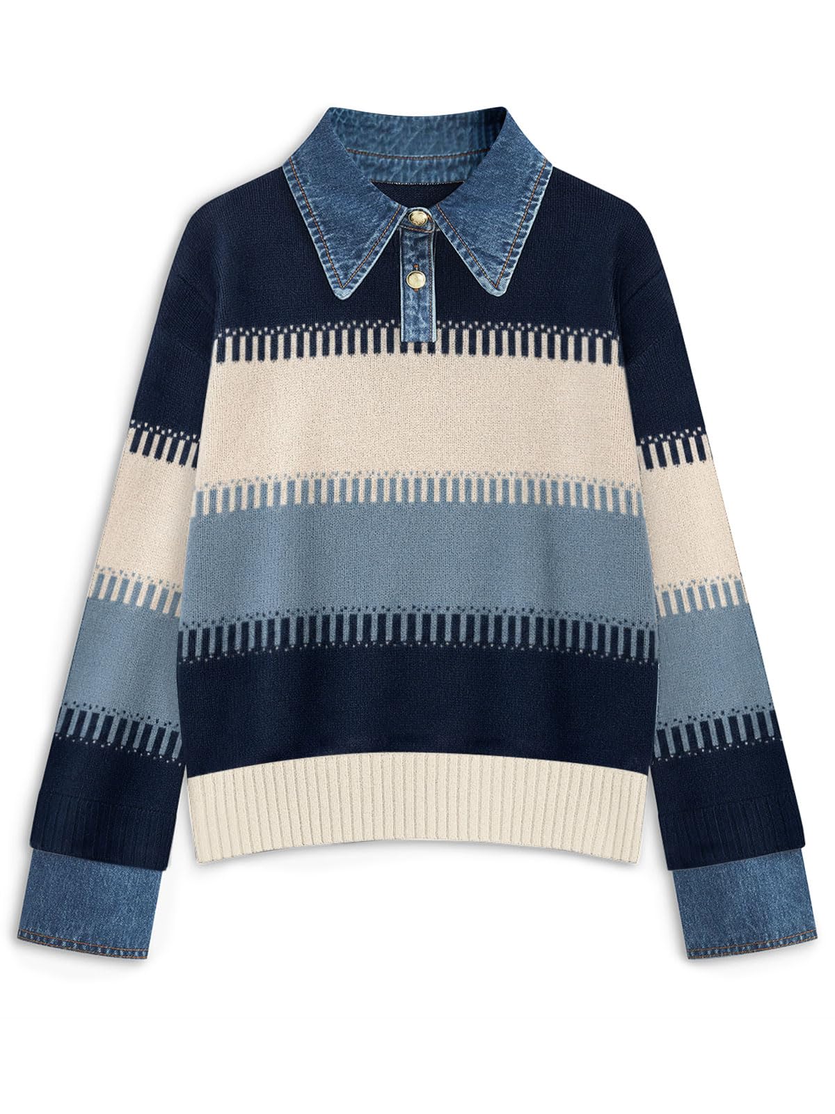 GUNEST Womens Oversized Sweater Denim Polo Knit Collared Fall Sweater