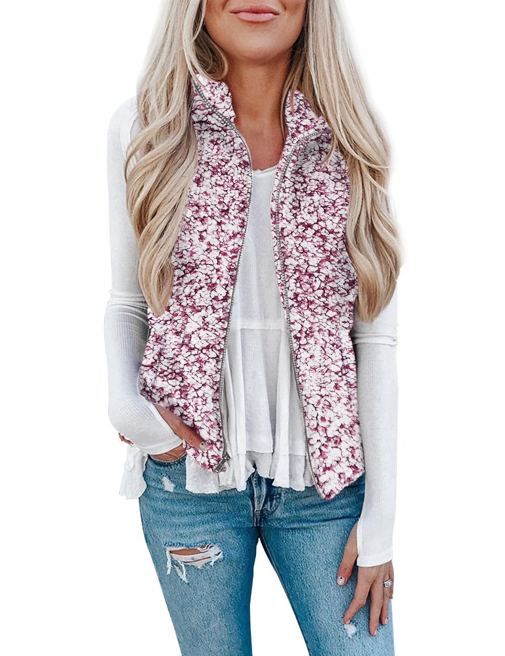 LOMON Womens Fuzzy Sherpa Fleece Jacket Lightweight Vest Cozy Sleeveless Cardigan Zipper Waistcoat Outerwear with Pocket