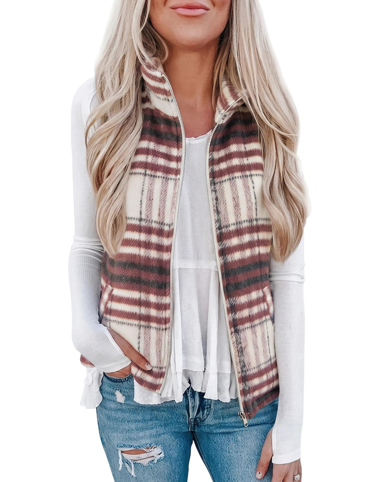 Rapbin Women's Plaid Outerwear Vests Tops Zip Up Collared Sleeveless Jacket with Pockects