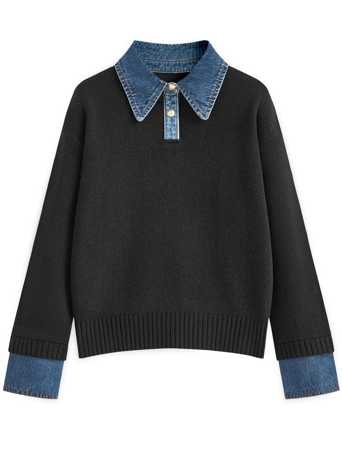 GUNEST Womens Oversized Sweater Denim Polo Knit Collared Fall Sweater