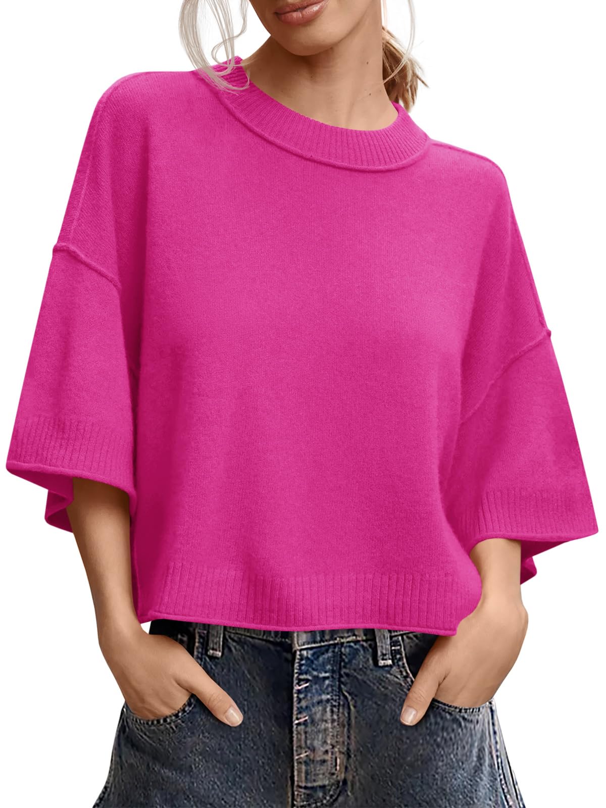 Saodimallsu Womens Short Sleeve Sweater Oversized Cropped Sweaters Knit Top