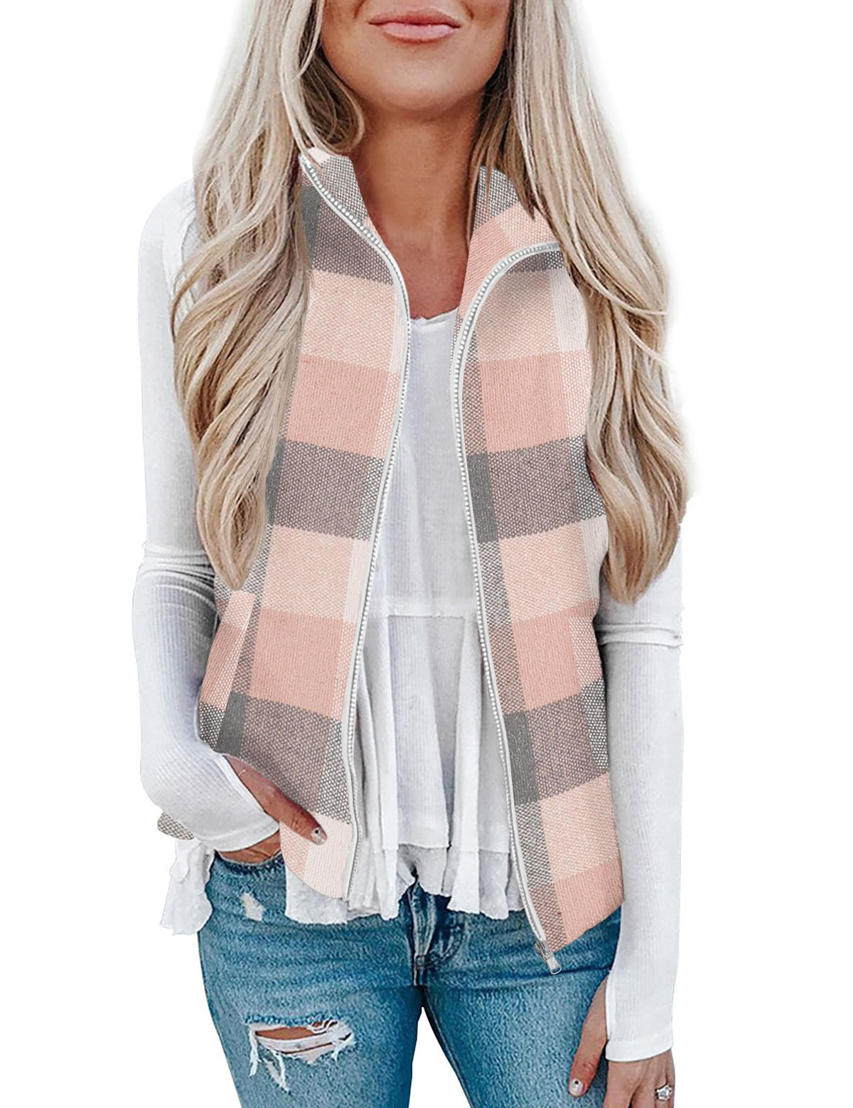 Rapbin Women's Plaid Outerwear Vests Tops Zip Up Collared Sleeveless Jacket with Pockects