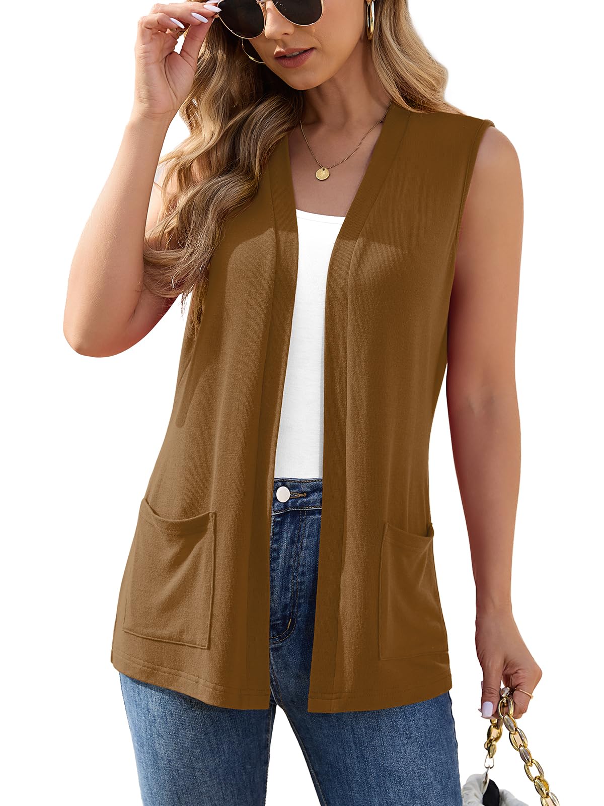 Veryoung Womens Sleeveless Open Front Cardigan Vest Lightweight Thin Vests Layering Top with Pockets for Summer Casual Office