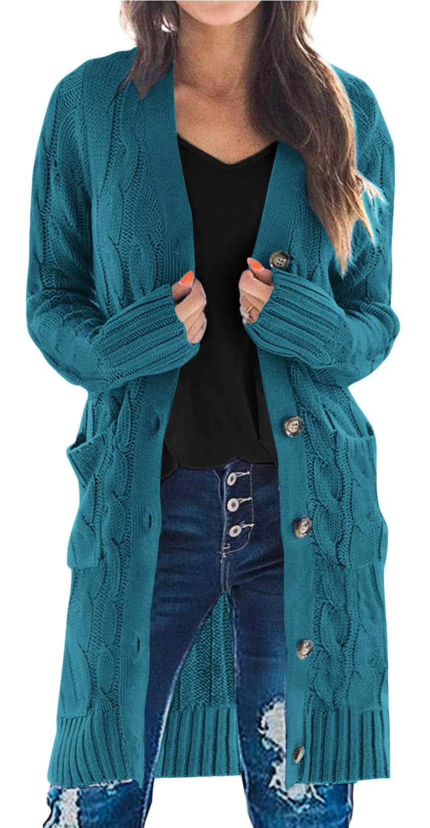 PRETTYGARDEN Womens Cable Knit Button Long Cardigan Sweaters