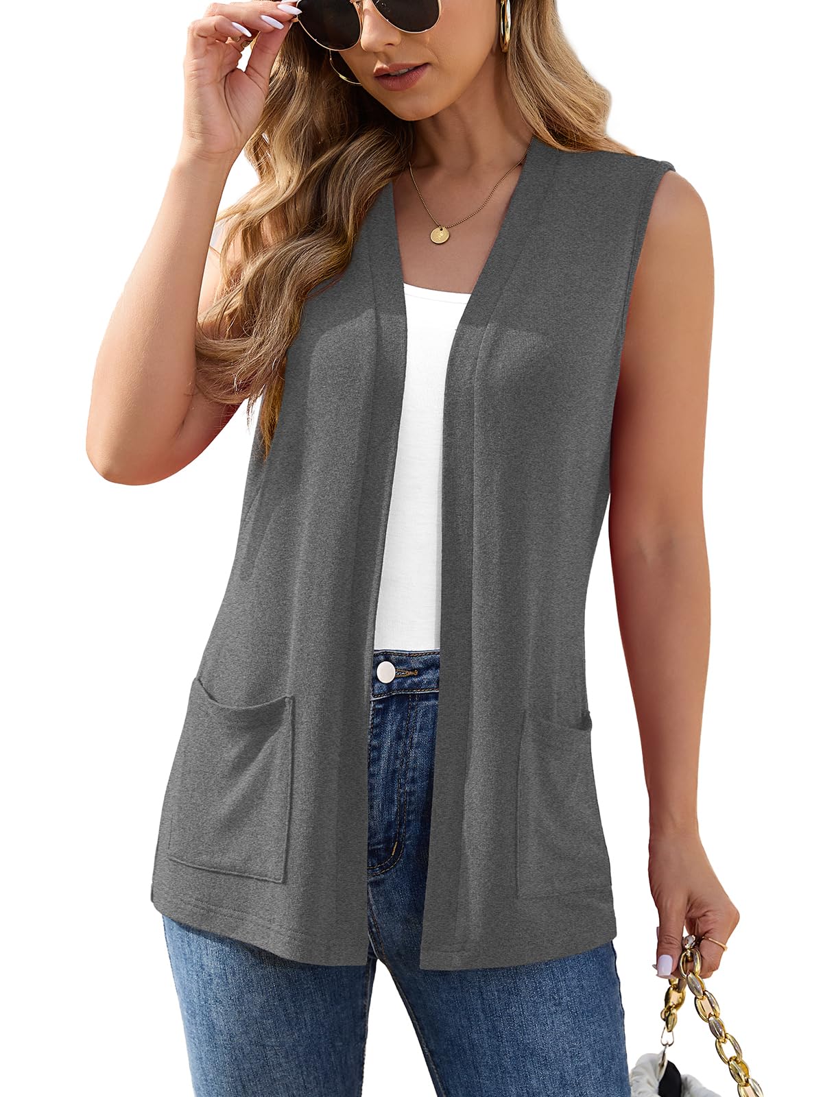 Veryoung Womens Sleeveless Open Front Cardigan Vest Lightweight Thin Vests Layering Top with Pockets for Summer Casual Office