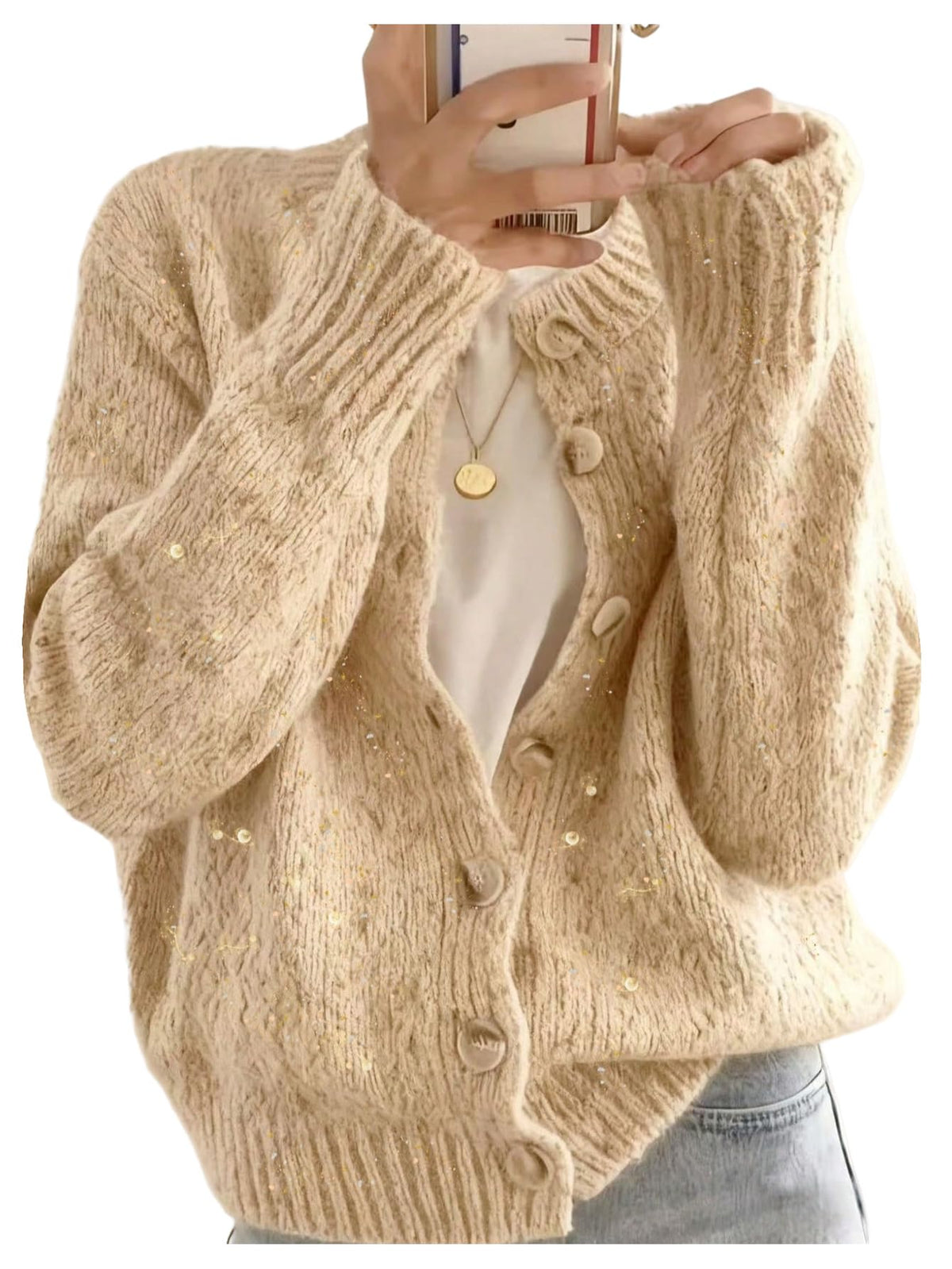 WDIRARA Women's Button Down Cardigan Sweaters Crewneck Long Sleeve Knit Outerwear Casual Knitwear
