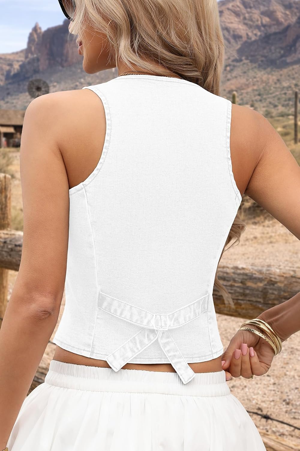 ELLEVEN Women's Summer Cropped Denim Vest Western Style Faux Pockets