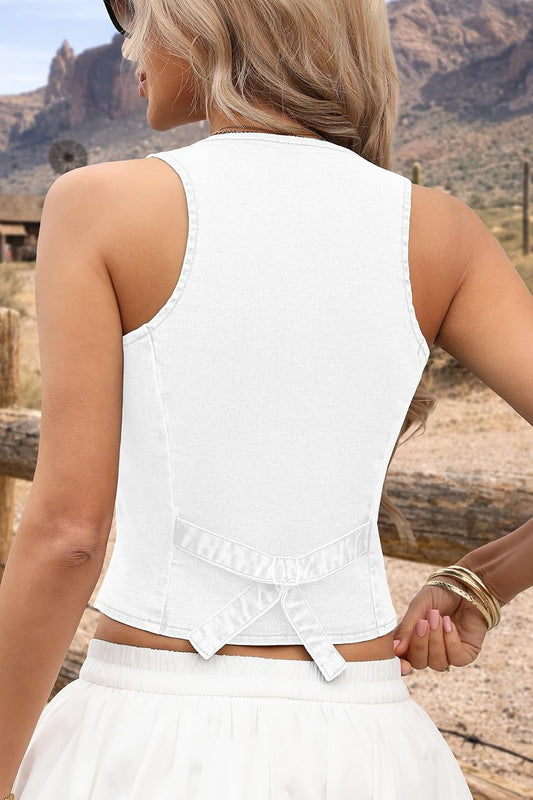 ELLEVEN Women's Summer Cropped Denim Vest Western Style Faux Pockets