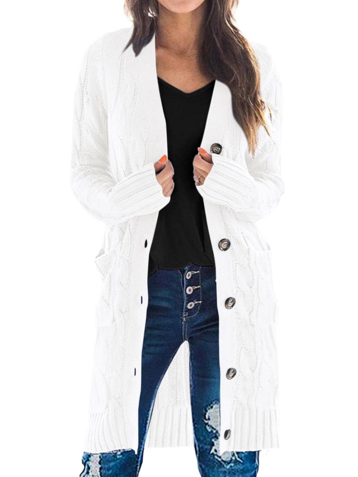 PRETTYGARDEN Womens Cable Knit Button Long Cardigan Sweaters