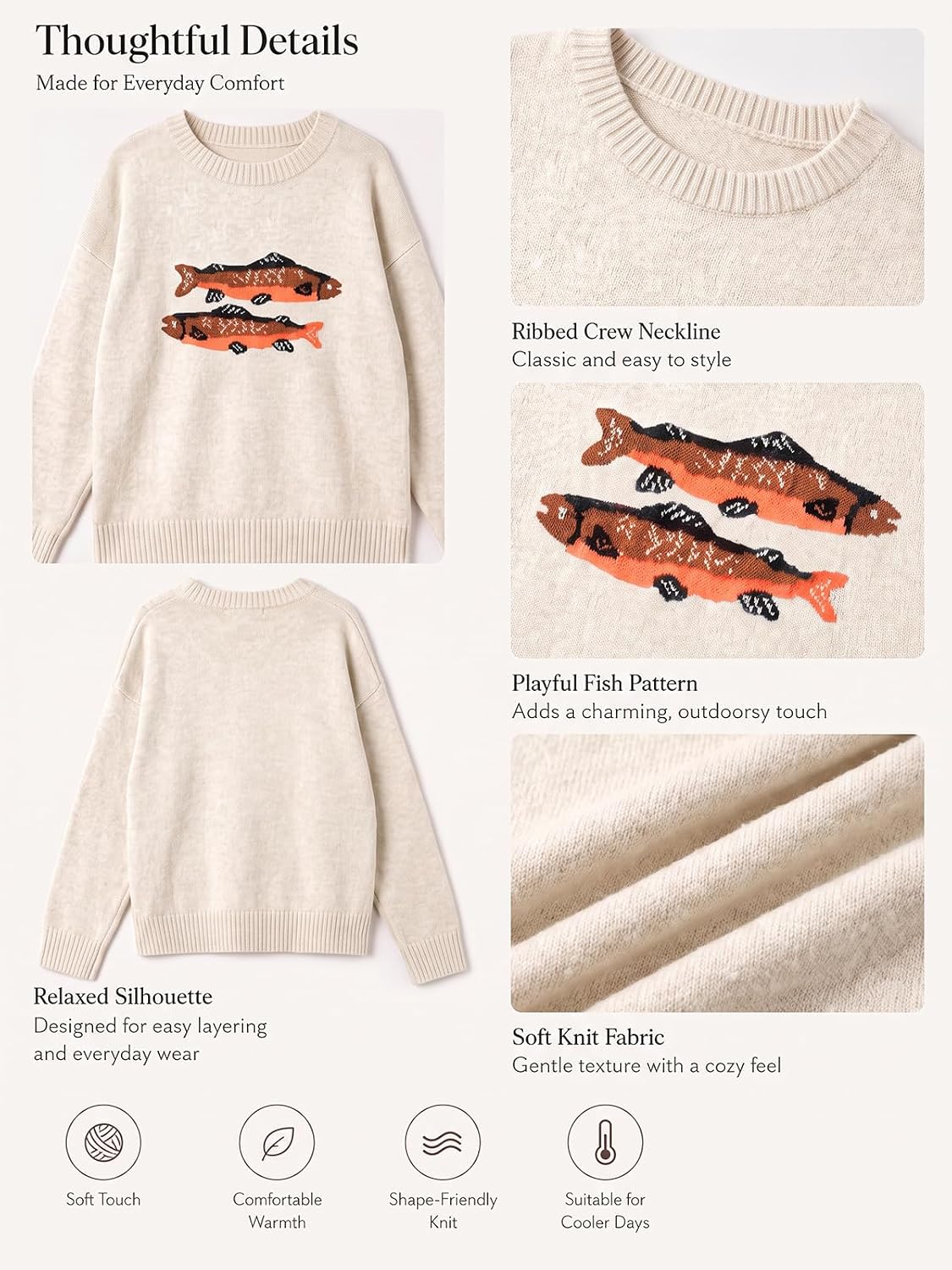 Flowyair Womens Fish Graphic Sweater Long Sleeve Knit Crew Neck Pullover