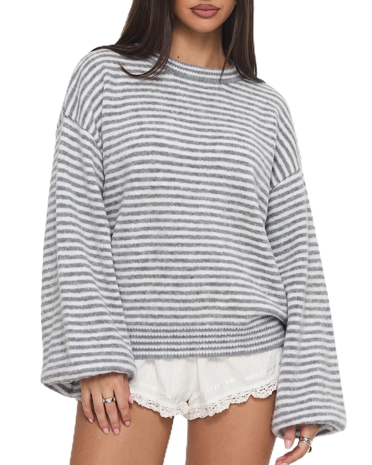QINSEN Women's Crewneck Oversized Sweater Striped Long Sleeve Pullover Top