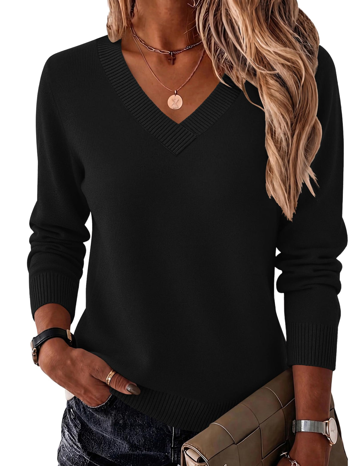 Zeagoo Womens V Neck Sweaters Long Sleeve Tops Lightweight Fall Clothes