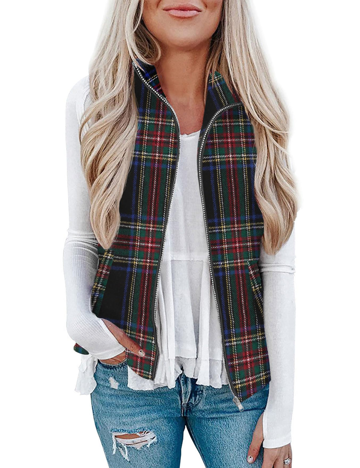 Rapbin Women's Plaid Outerwear Vests Tops Zip Up Collared Sleeveless Jacket with Pockects