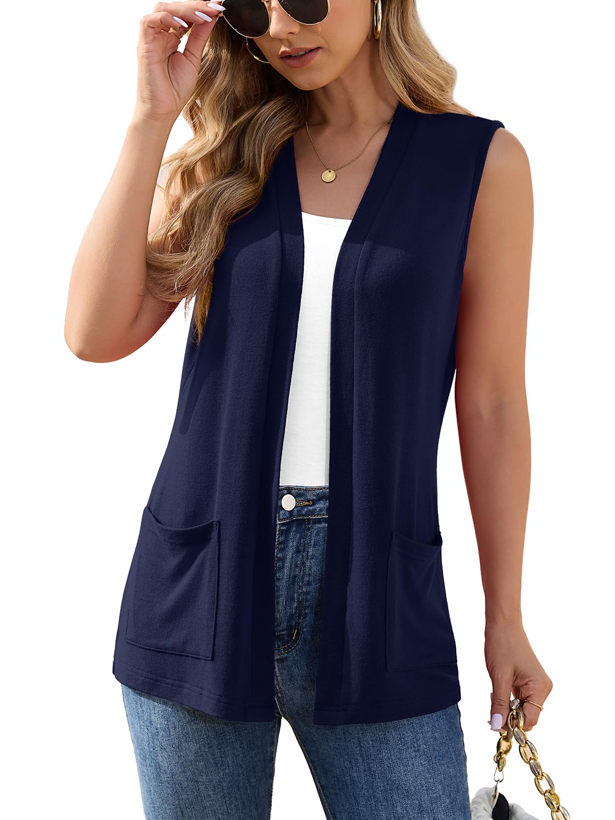 Veryoung Womens Sleeveless Open Front Cardigan Vest Lightweight Thin Vests Layering Top with Pockets for Summer Casual Office