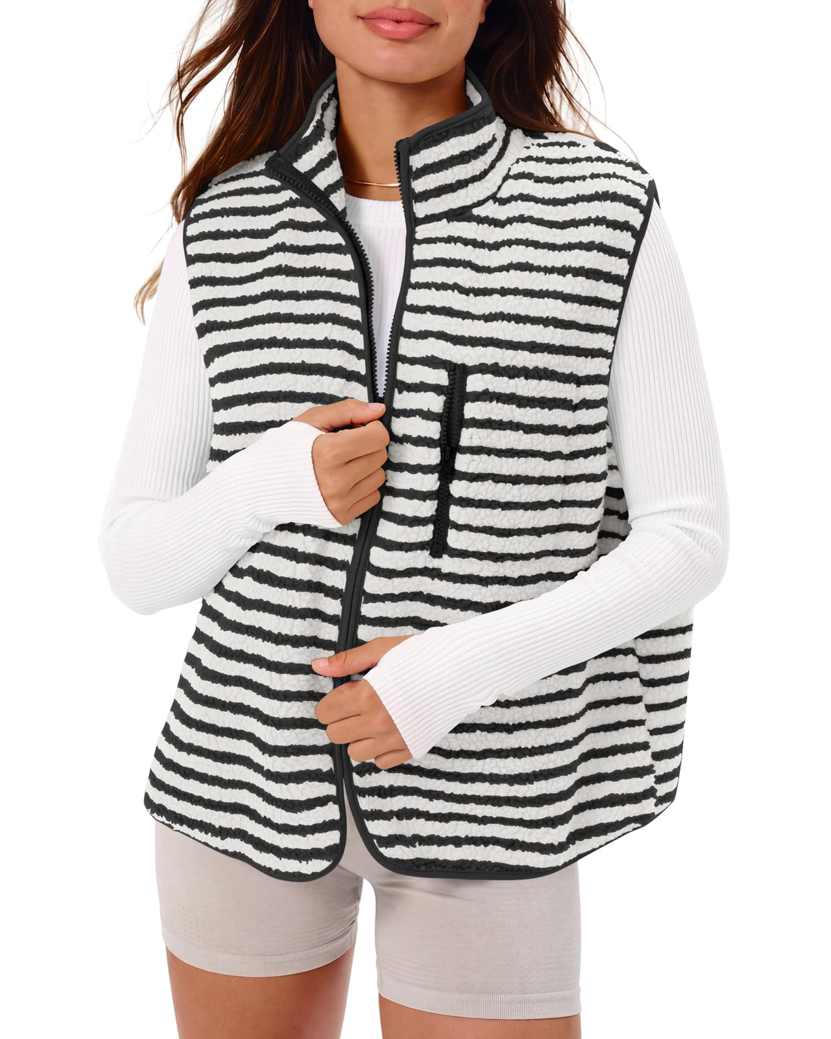 Gacaky Women's Sherpa Fleece Striped Vest Stand Collar Sleeveless Jacket