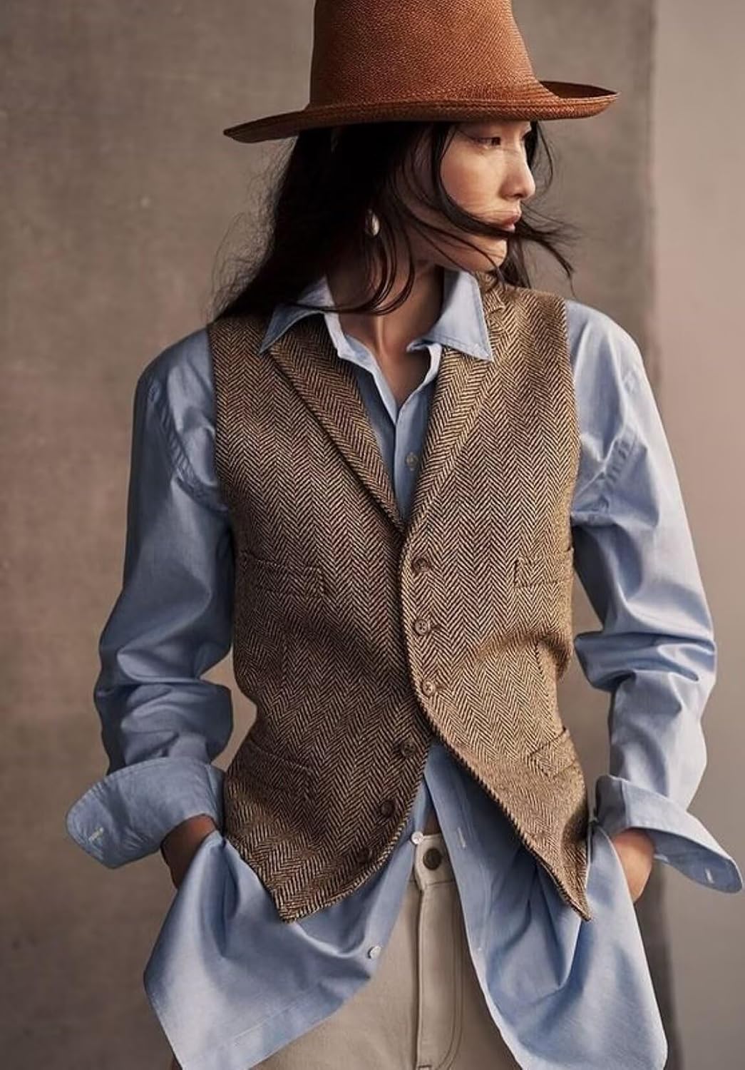Women's Herringbone Tweed Waistcoat V-Neck Lapel Suit Vest