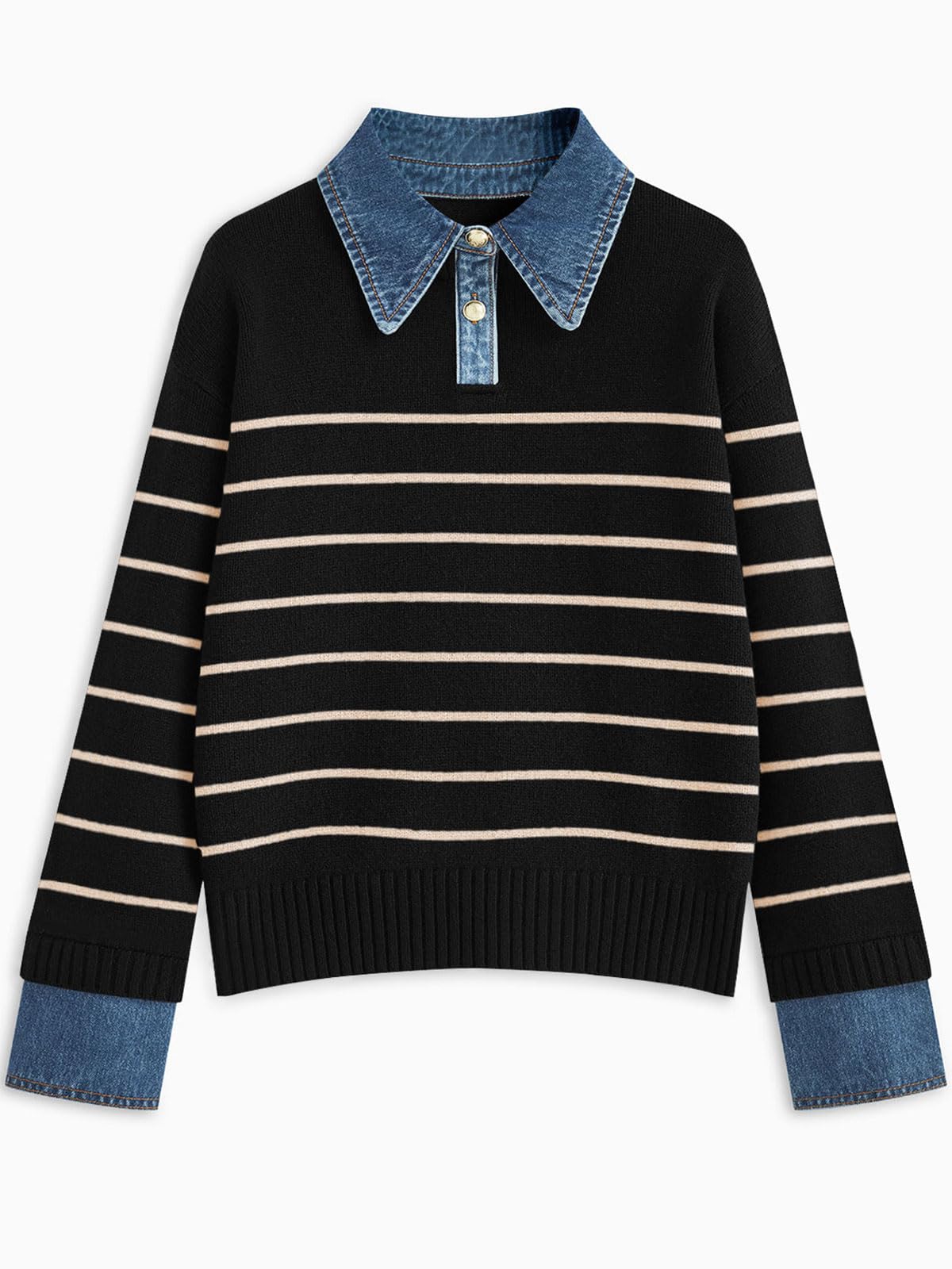 GUNEST Womens Oversized Sweater Denim Polo Knit Collared Fall Sweater